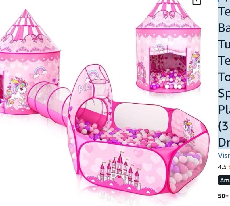 3pc Kids Play Tent for Girls with Ball Pit, Crawl Tunnel, Princess Tents for Toddlers, Baby Space World Playhouse Toys (3PC Princess Dream Tent)