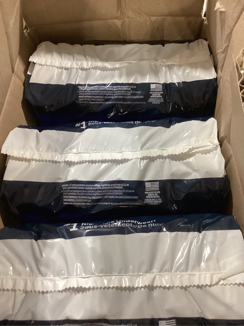 Condition photo showing New/Like New for goodnites boys' nighttime bedwetting underwear, size extra large (95-120 lbs), 63 ct (3 packs of 21), packaging may vary x-large 63