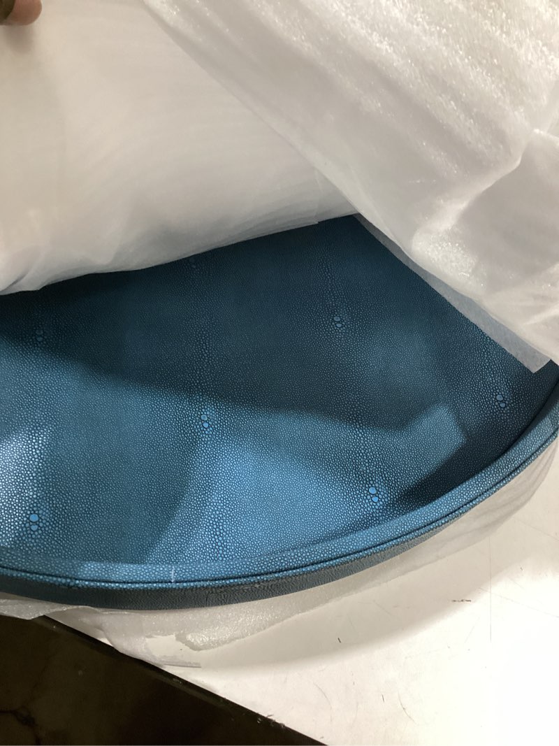 Condition photo showing New/Like New for HofferRuffer Large Round Serving Tray 24'', Elegant Faux Leather Circle Ottoman Table Tray, Serve Tea Coffee Breakfast in Bedroom Living Room Kitchen (Blue) Dark Blue 24"