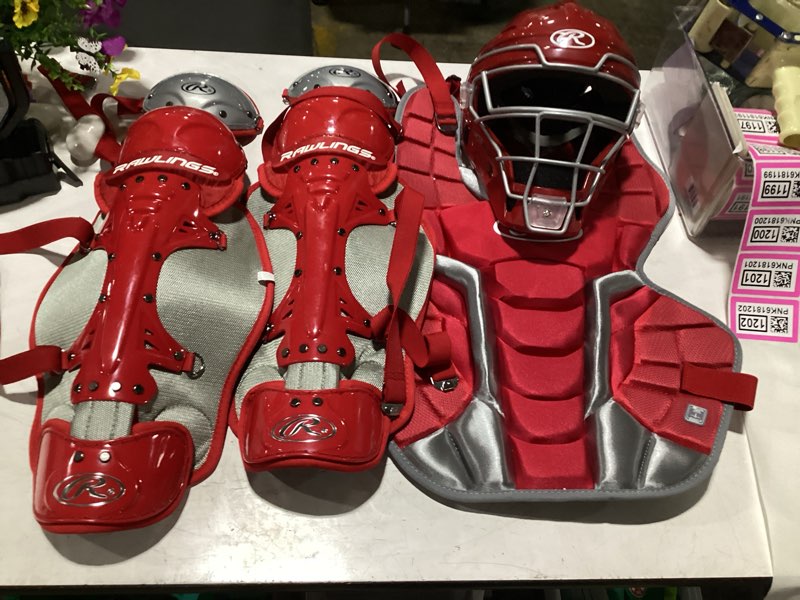 Condition photo showing Good Condition for rawlings renegade 2.0 baseball adult catcher's box set | scarlet/silver | adult