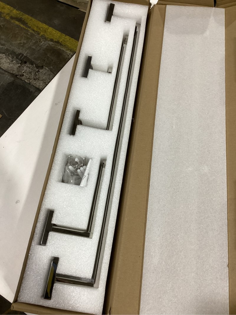 Condition photo showing Good Condition for Bathroom Hardware Set 4-Piece, Angle Simple SUS304 Stainless Steel Bath Accessory Kit, Bathroom Fixture Set with Robe Hook, Toilet Paper Holder, Towel Holder and Towel Bar Polished Chrome