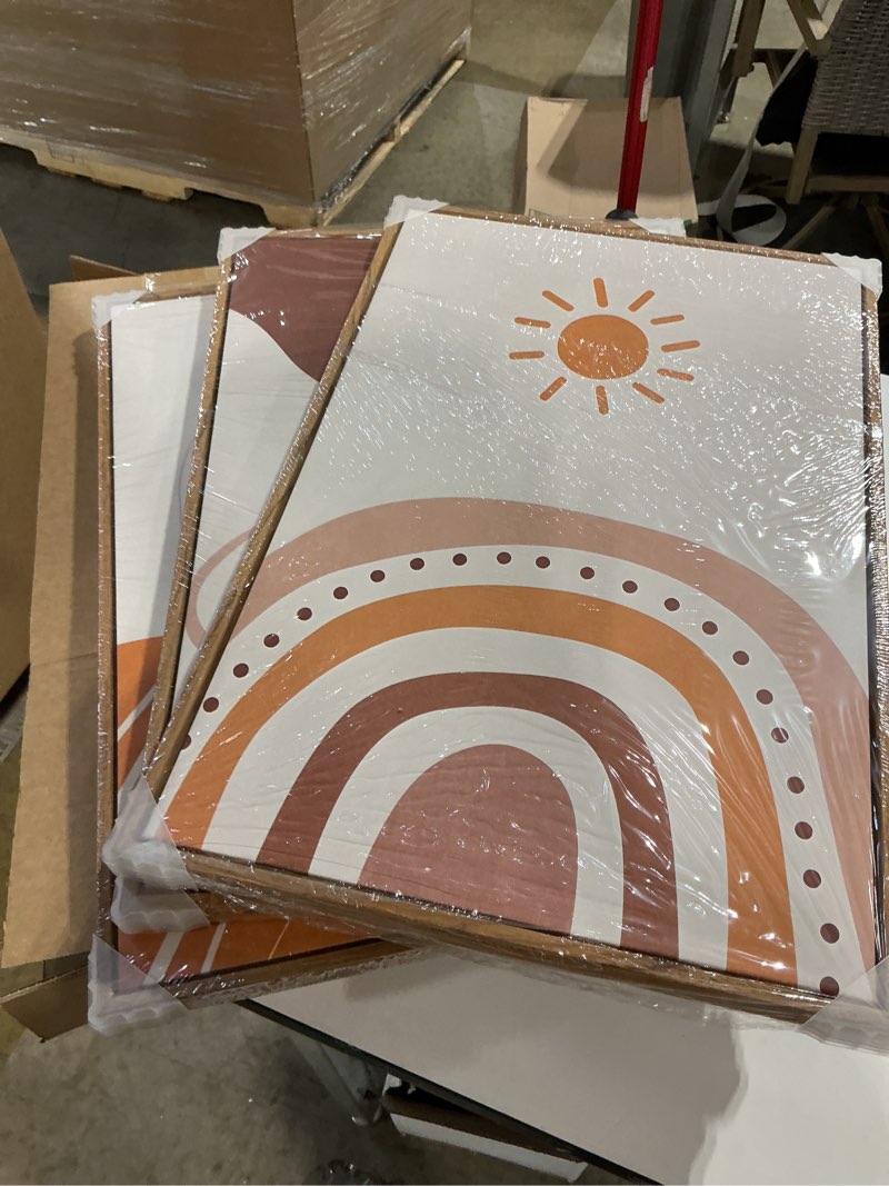 Condition photo showing New/Like New for framed boho neutral terracotta abstract wall art bedroom, 3 piece beige orange sun arch canvas artwork for walls, mid century modern rainbow prints wall decor for living room nursery room, 16x24 inch 16" w x 24" h x 3pcs neutrral brown beige