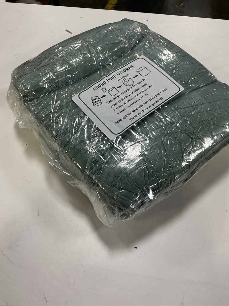 Condition photo showing New/Like New for Stuffed Ottoman with High Density Foam Filler Plush Fiber Pouf Stool Round Foot Stool Storage Ottoman 20 * 12''Floor Pouf Foot Rest for Living Room (Green)
