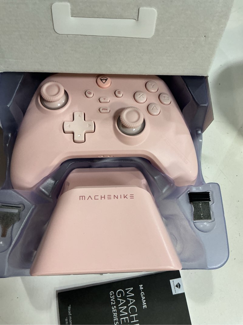 Condition photo showing New/Like New for machenike g3v2 bluetooth controller for pc/switch/ios/android, hall effect joysticks, rgb lighting gaming controller,2 programmable buttons,1000mah battery with charging station, pink pink pe ug
