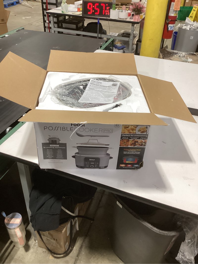 Condition photo showing Good Condition for Ninja MC1001 Foodi PossibleCooker PRO 8.5 Quart Multi-Cooker, with 8-in-1 Slow Cooker, Dutch Oven, Steamer, Glass Lid Integrated Spoon, Nonstick, Oven Safe Pot to 500°F, Sea Salt Gray