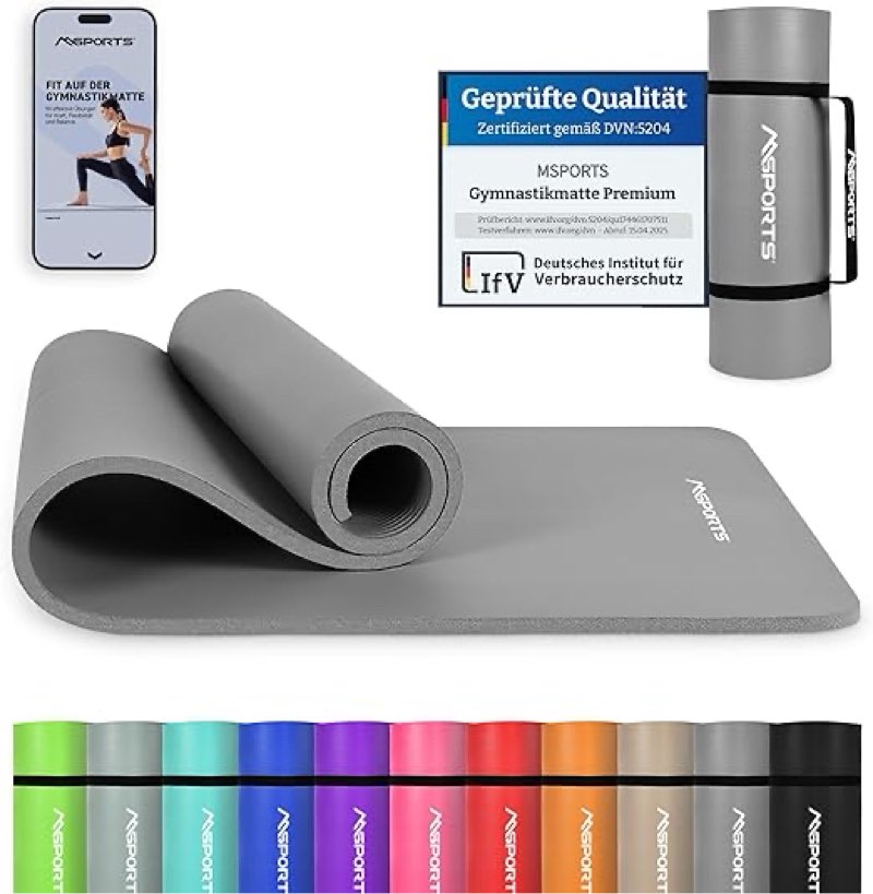 MSPORTS Premium Gymnastics Mat with Carry Strap + Exercise Poster + Workout App I Skin-Friendly Fitness Mat 190 x 60 x 1.0 cm - Anthracite - Phthalate-Free Yoga Mat