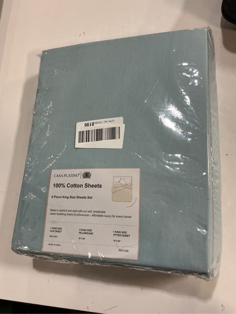 Condition photo showing New/Like New for Casa Platino King Sheets Sets – 100% Cotton King Sheets Cooling with 4 Pillowcases, 15" Deep Pocket Fitted Sheet, Crisp & Smooth Feel, Ultra Soft & Cozy, Fit – Blue Sky King 09: Blue Sky