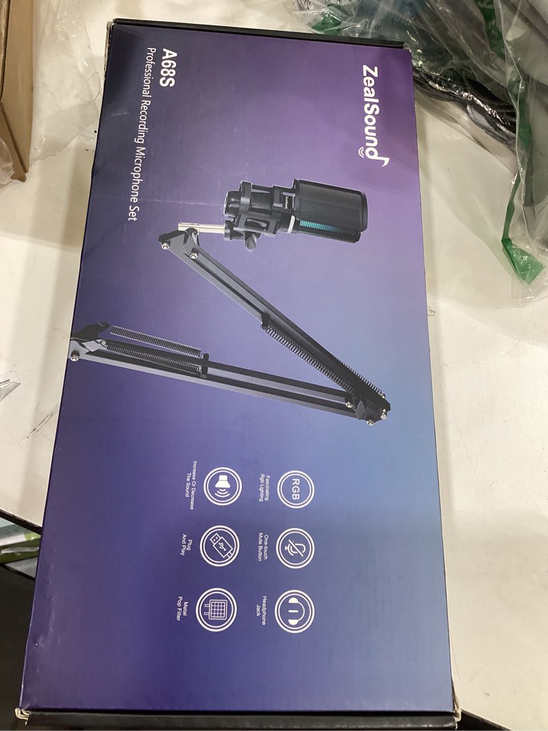 Condition photo showing New/Like New for zealsound gaming microphone, usb mic for pc with noise cancellation, rgb, mute, gain control, zero-latency monitoring, boom arm, tripod stand & pop filter, for mac, iphone, streaming, twitch, youtube boom arm + tripod stand