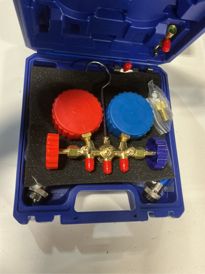 Condition photo showing Good Condition for orion motor tech ac gauge set, 3-way ac manifold gauge set for r12 r134a r502 r22 refrigerant with 5 ft. hoses, automotive a/c gauge with r134a couplers self-sealing & piercing can taps 29° adapter r134a r22 r12 r502