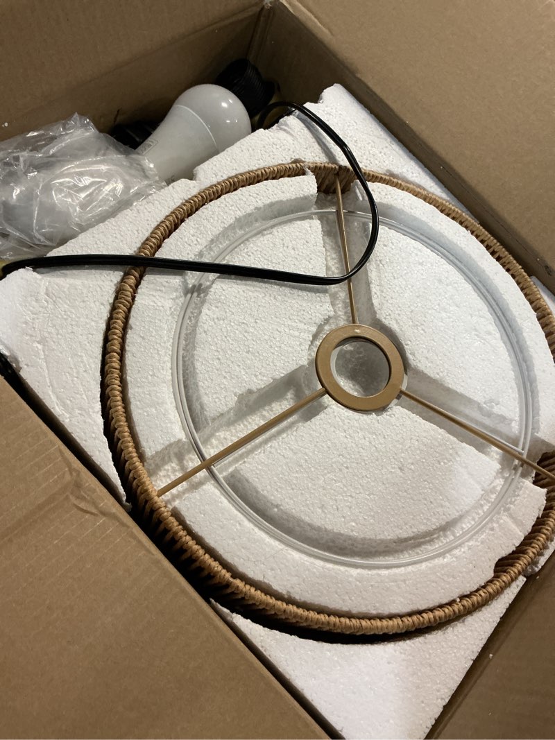 Condition photo showing Good Condition for ?upgraded?arc floor lamp for living room, boho dimmable swing arm floor lamp with rattan & fabric shades, gold rattan standing lamp with 11w bulb, farmhouse adjustable tall lamp for bedroom office bohemian-gold