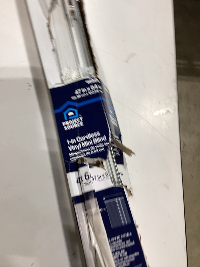 Condition photo showing As Is for project source 1-in slat width 47-in x 64-in cordless white vinyl light filtering mini-blin