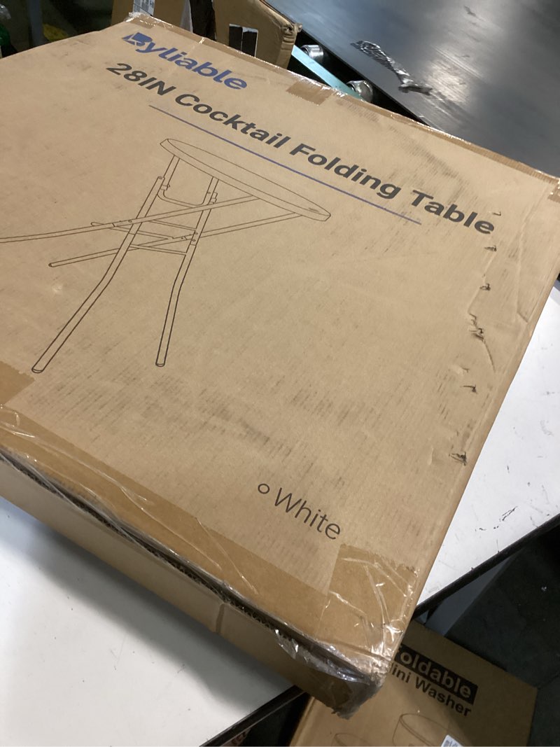 Condition photo showing New/Like New for byliable 28in cocktail table white high top folding, round portable bar height folding table with removable legs, indoor outdoor banquet for parties, commercial, speech, school white 28×43 in
