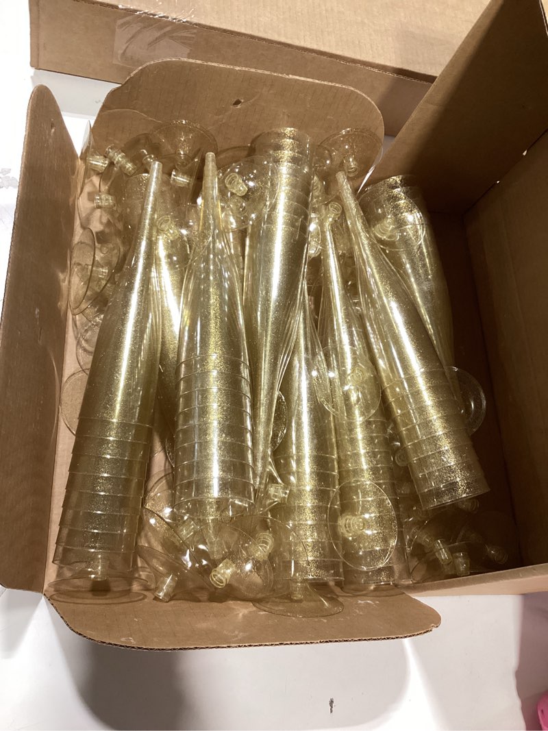 Condition photo showing Good Condition for plastic champagne glasses | 32 pack | gold glitter disposable flutes in bulk