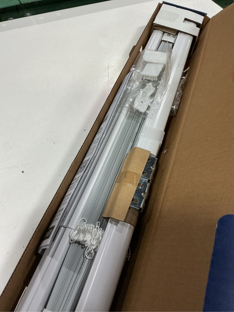 Condition photo showing As Is for levolor trim+go 1-in slat width 27-in x 72-in cordless white aluminum room darkening mini-blinds
