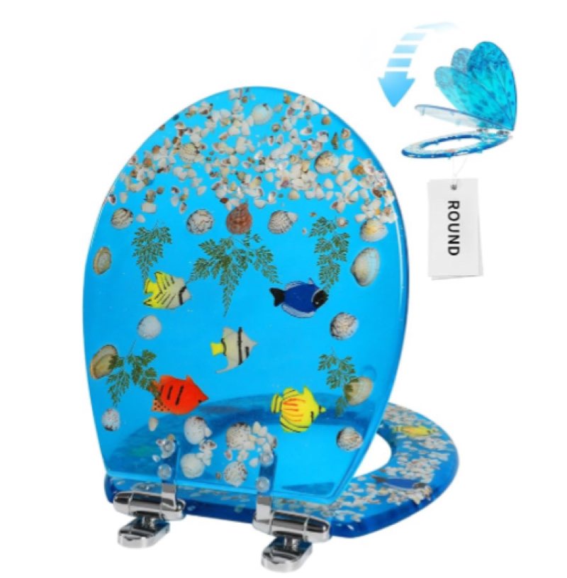 Angol Shiold Resin Toilet Seat Round Soft Close Quick Release 3D Effects Heavy Duty Toilet Seats with Blue Fish Seashells Cover Acrylic Seats Ocean Series (Round 17inch, Blue,Upgraded hinge)
