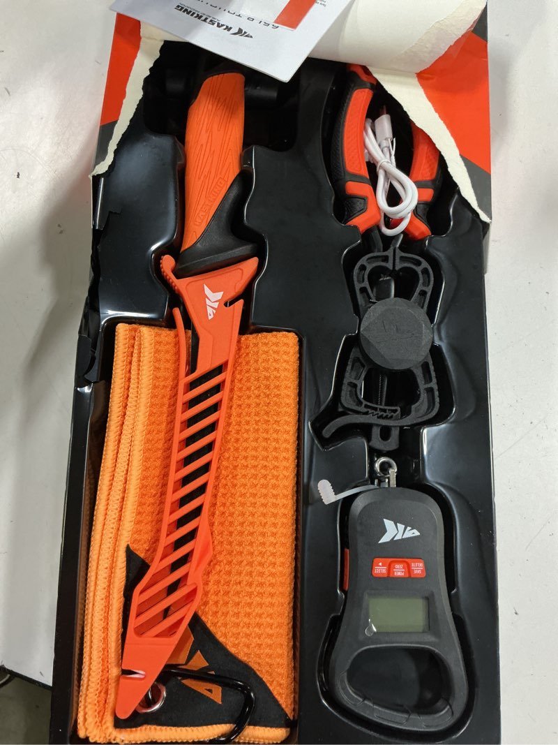 Condition photo showing Good Condition for kastking toughtide fishing tool kit, rechargeable digital fish scale with lip grip & tape measure, 7” fillet knife with sheath & sharpener, 8” split ring fishing pliers 7pc fishing tool kit