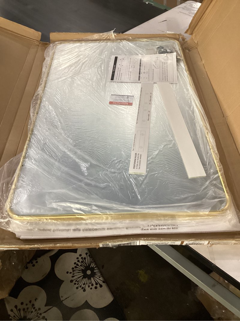 Condition photo showing Good Condition for tetote brushed gold mirrors for wall 40 x 24 beveled edge tempered glass, rounded corner rectangle framed mirror for modern bathroom, living room, bedroom, entryway 24"l x 40"w brushed gold