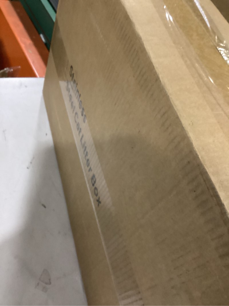 Condition photo showing As Is for stainless steel litter box, extra large litter boxes for big cats, xl metal cat litter box with lid,