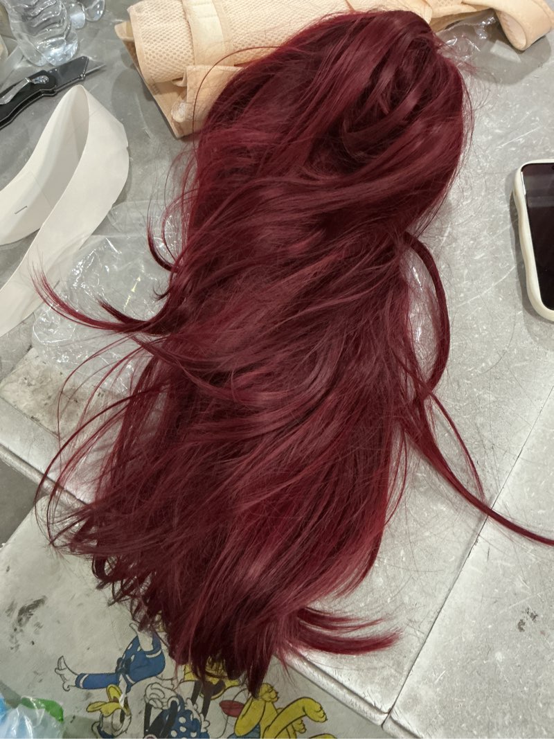 Condition photo showing As Is for long wine red wig with bangs for women synthetic heat-resistant hair layered style hair for daily and party use 26 inch wine red