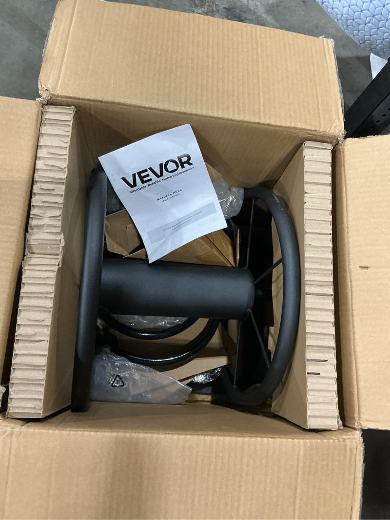 Condition photo showing As Is for vevor wall mounted garden hose reel, holds 200 ft 5/8-inch manual water hose winder, heavy-duty steel, outdoor reel with brass fitting & 5ft leader hose, space saving, for yard lawn garage 200ft?5/8inch black