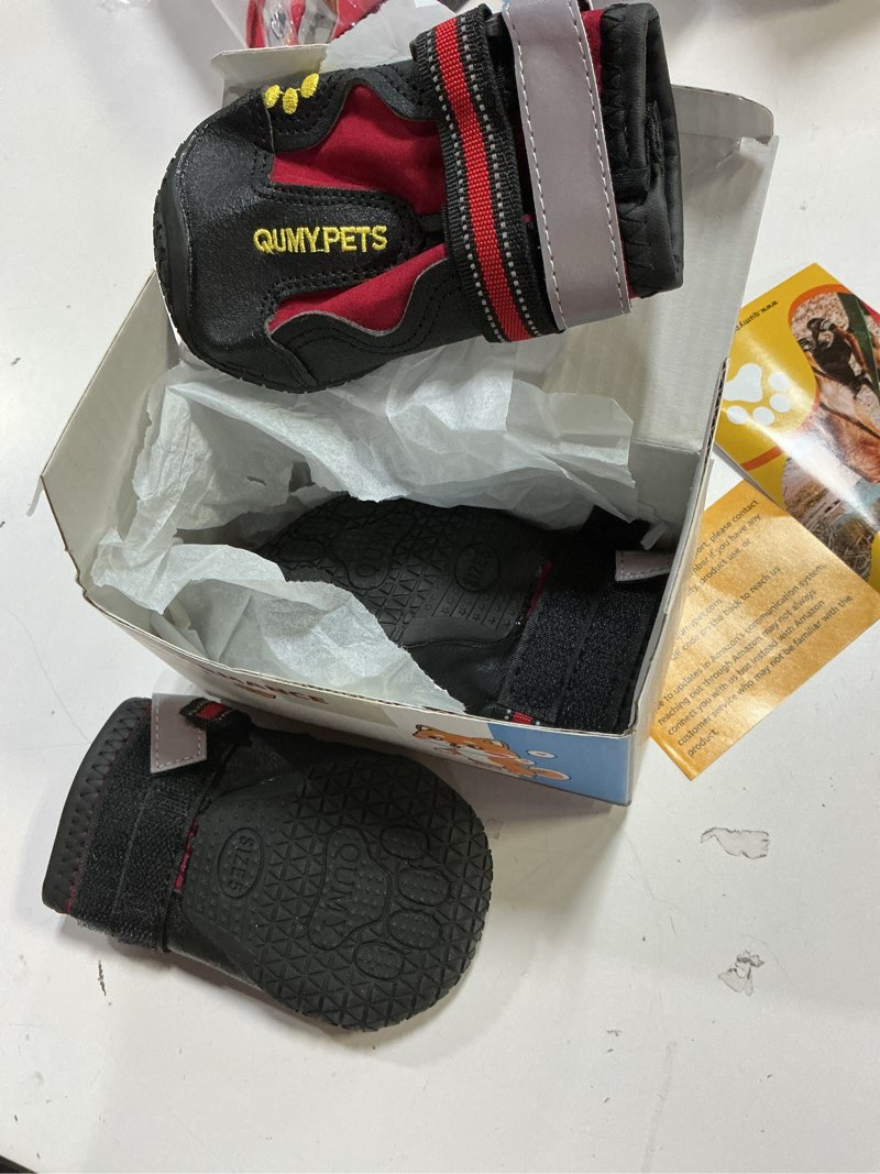 Condition photo showing Good Condition for qumy dog shoes for large dogs, medium dog boots & paw protectors for winter snowy day, summer hot pavement, water-resistant in rainy weather, outdoor walking, indoor hardfloors skid-resistant sole red size 5: 2.4''x2.8''(w*l) (pack of 4)