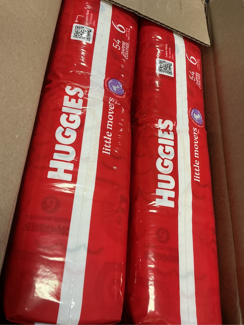 Condition photo showing New/Like New for huggies size 6 diapers, little movers baby diapers, size 6 (35+ lbs), 108 count (2 packs of 54), packaging may vary