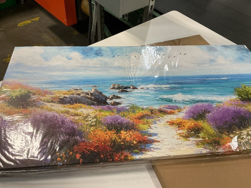 Condition photo showing Good Condition for serimino coastal wall art, large landscape wall art, ocean wall decor, seaside lavender flower canvas prints, nature long pictures for living room bedroom above bed office decorations 20"x40" 40"l x 20"w bright seaside