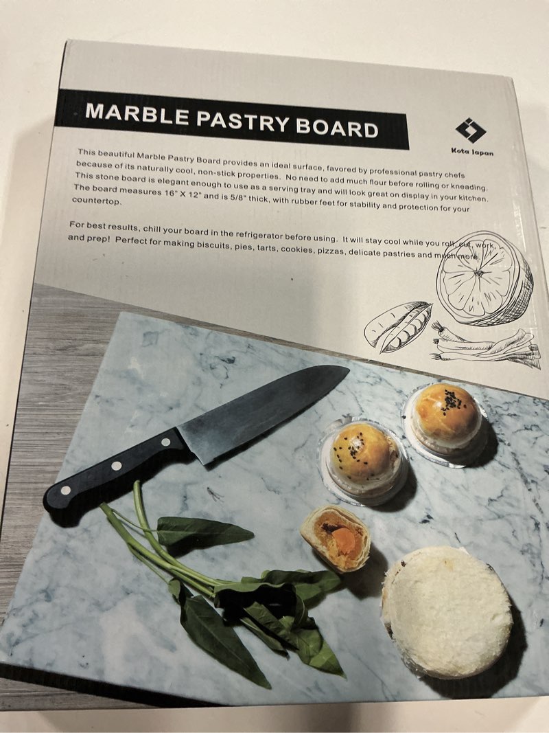 Condition photo showing New/Like New for kota japan premium non-stick marble pastry cutting board slab 15 3/4" x 11 3/4” with no-slip rubber feet.