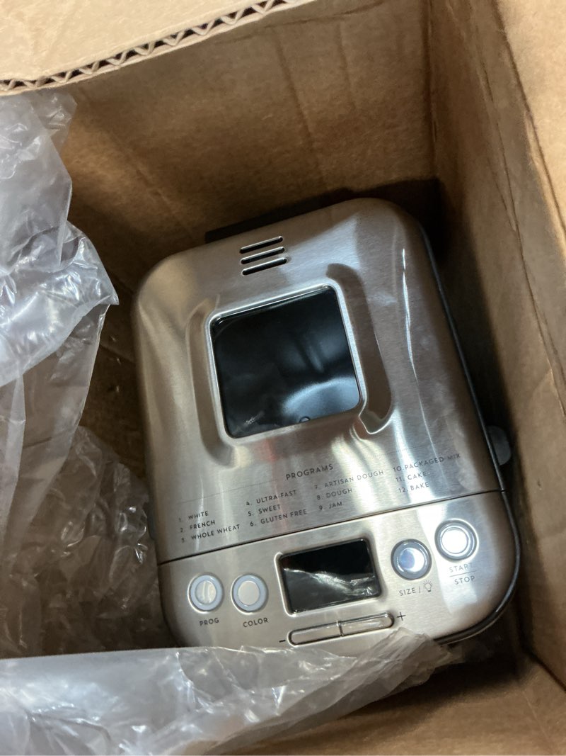 Condition photo showing As Is for Cuisinart Bread Maker Machine, Stainless Steel Automatic Bread Machine with 12 Menu Options, 3 Loaf Sizes up to 2 Lb., 3 Crust Colors, Removable Nonstick Baking Pan & Kneading Paddle, CBK-110NAS Compact Machine