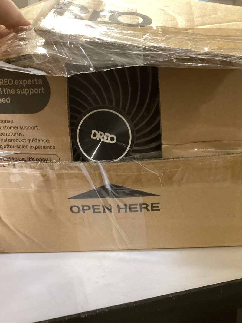 Condition photo showing As Is for dreo fan for bedroom, table air circulator for whole room, 11 inch, 40ft strong airflow, 120° adjustable tilt, 28db low noise, quiet, 3 speeds, 2025 new desk fan for office, kitchen, home black