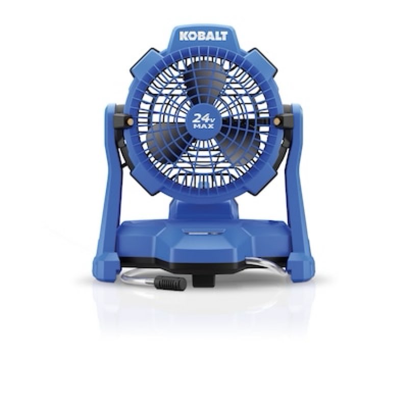 kobalt 7-in high velocity indoor/outdoor misting jobsite fan, battery powered, in blue