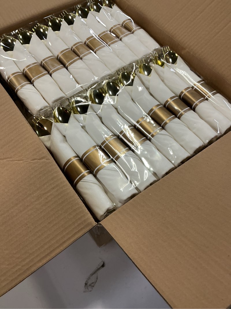 Condition photo showing New/Like New for Goodluck 100 Pack Pre Rolled Gold Plastic Silverware, Wrapped Plastic Cutlery Set with Napkin Include 100 Forks, 100 Knives, 100 Spoons and 100 Napkins, Disposable Silverware for Party, Wedding Gold 100PC
