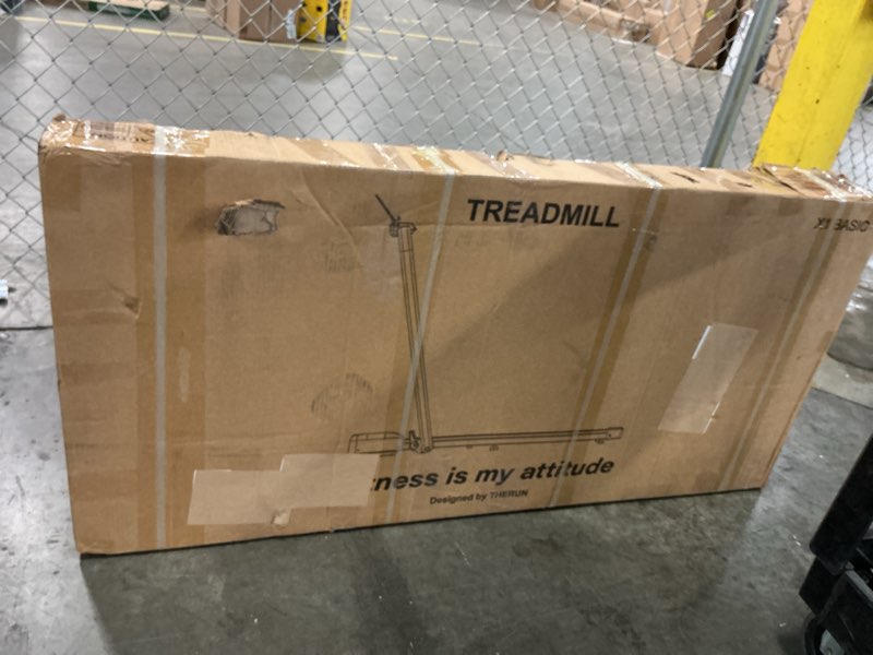 Condition photo showing As Is for therun walking pad, 2 in 1 foldable treadmills for home, 2.5hp under desk with handle bar, 16" widened running belt, with remote control silver