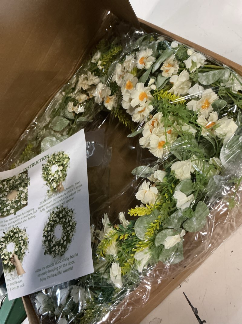 Condition photo showing Good Condition for sggvecsy white daisy wreath 24 inch with fake silk floral green eucalyptus leaves and lavender for spring summer front door window wall wedding farmhouse festival decor