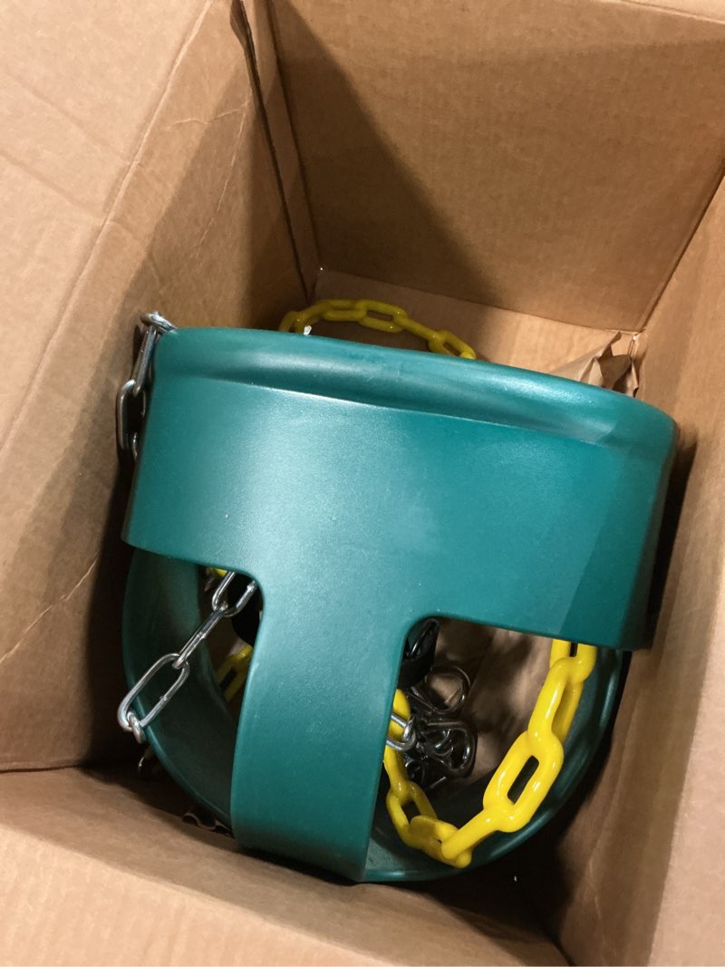 Condition photo showing Good Condition for premium high back full bucket toddler swing seat with finger grip, plastic coated chains and carabiners for easy install - green - squirrel products