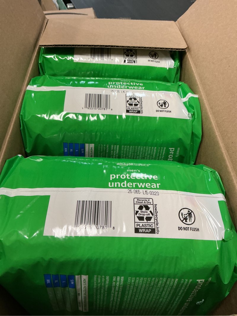 Condition photo showing New/Like New for amazon basics maximum absorbency incontinence underwear for men with leak protection, moisture control, bladder leak, x-large, 48 count (3 packs of 16) x-large 48.0