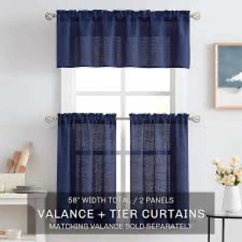 mainstays 3-piece textured semi sheer rod pocket kitchen window tier pair and valance, 2 café curtains and 1 curtain valance, navy, 56\"w x 36\"l