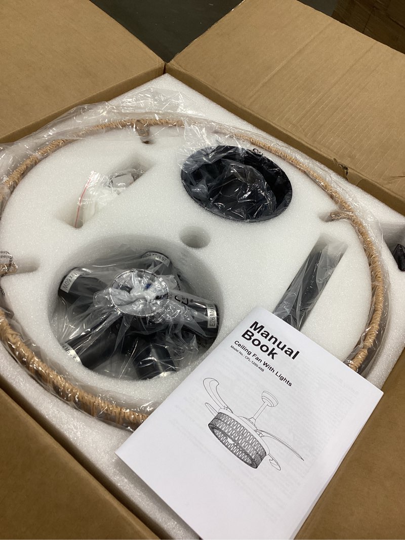 Condition photo showing New/Like New for 48 inch retractable ceiling fans with lights and remote, boho caged farmhouse ceiling fan, invisible rattan fandelier with reversible 6 speeds,timer, chandelier fan for living room bedroom dining room black 48 inch