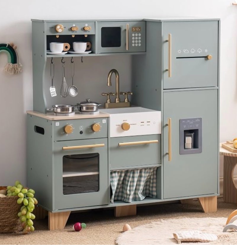 robud wooden play kitchen for kids toddlers, kids kitchen playset with realistic accessories, toy kitchen set with plenty of play features, modern style toy kitchen for girls & boys, 3+, green .