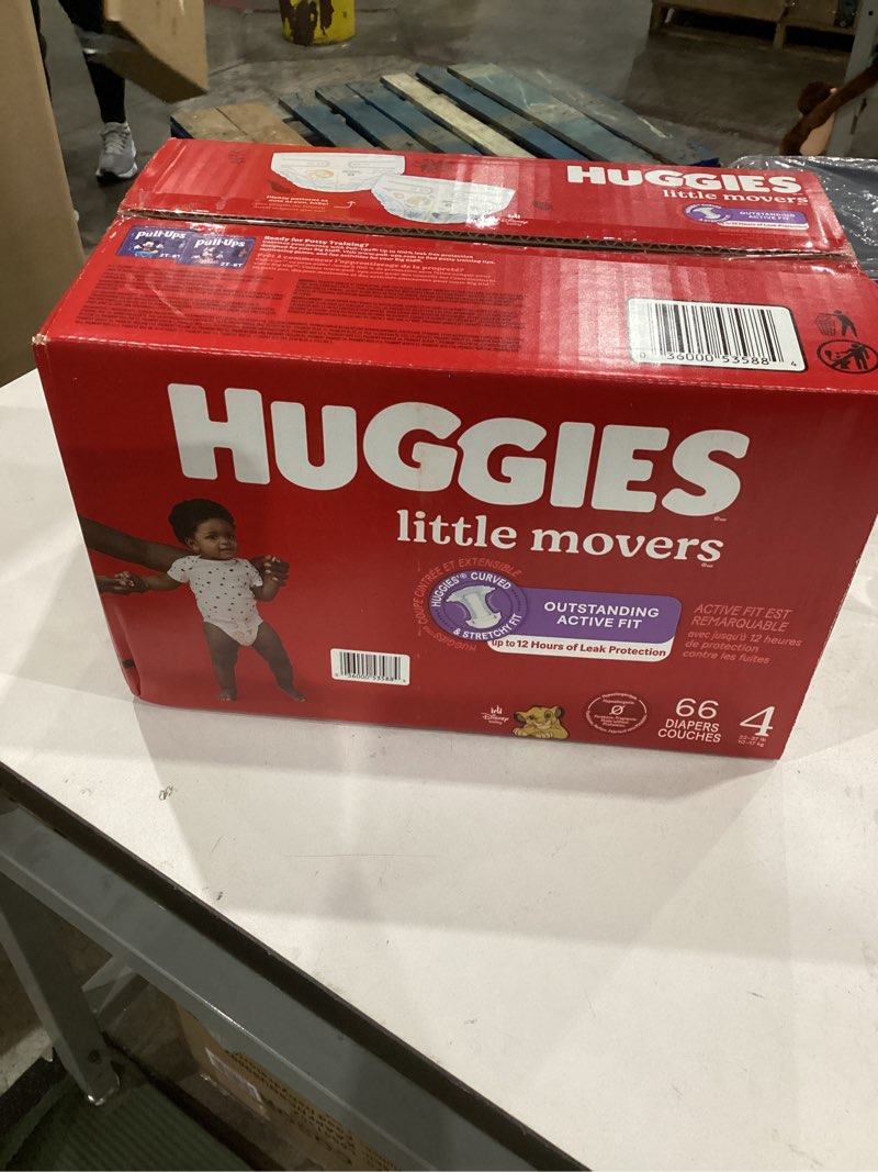 Condition photo showing New/Like New for huggies little movers baby diapers, size 4 (22-37 lbs), 66 ct, packaging may vary size 4 66