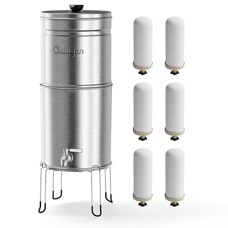 Culligan MaxClear 3 Gallon Gravity Water Filter System, Brushed Stainless-Steel Countertop Water Filter NSF/ANSI Certified to Reduce Microplastics, Lead & Total PFAS, with 6 Ceramic Filters incomplete 