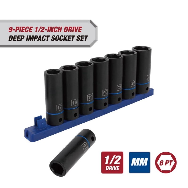 Hyper Tough 9-Piece 1/2 in Drive Deep Metric Impact Socket Set