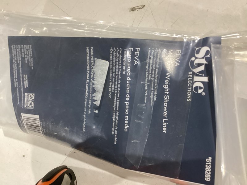 Condition photo showing Good Condition for style selections stall sized medium weight peva 42-in w x 72-in l clear solid eva/peva shower liner