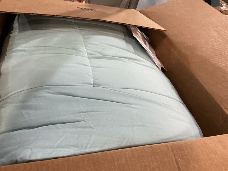 Condition photo showing As Is for bedsure comforter duvet insert - quilted comforters oversized king, all season duvet, gentlesoft down alternative bedding, with 8 tabs, gifts for women/men, light spa blue, oversized king 116x98inche light spa blue oversized king