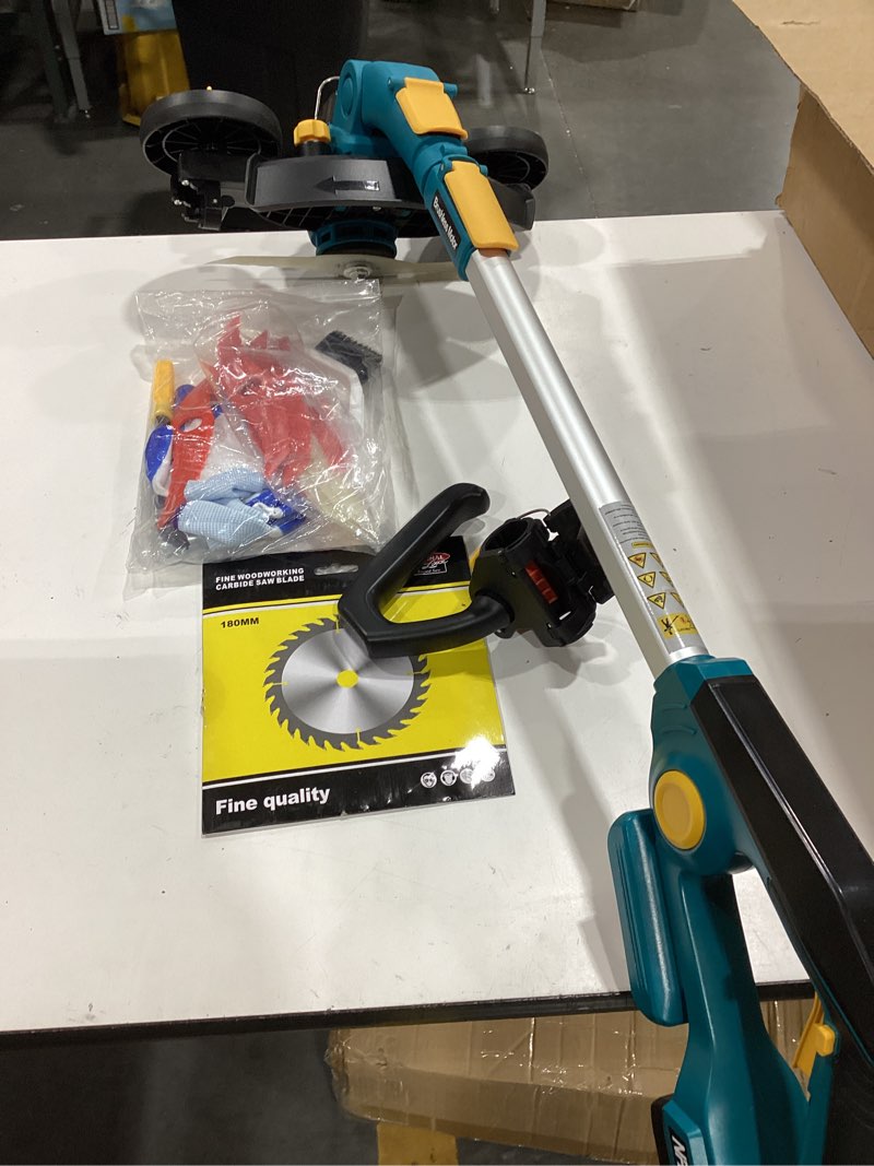 Condition photo showing As Is for 12\" weed wacker cordless electric weed eater battery powered brush cutter blue ( missing pieces and batteries not included)