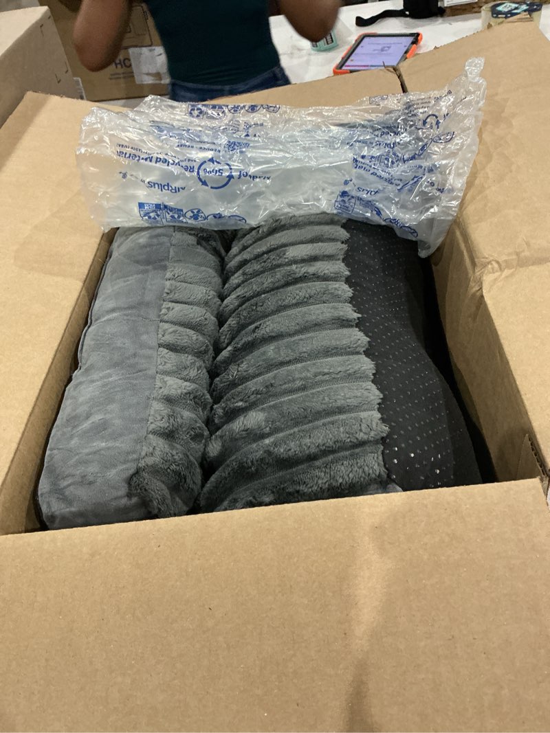 Condition photo showing As Is for dog beds for medium,large dogs breeds,sofa dog bed with pillow for crate kennel, super soft pet bed for support bolster, comfortable pet couch bed & non-slip bottom dark gray 36"l x 23"w x 3"th