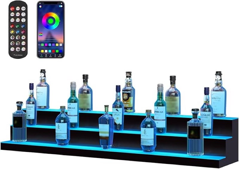 VEVOR LED Lighted Liquor Bottle Display Shelf, 3 Tiers 60 Inches, Supports USB, Illuminated Home Bar Shelf with RF Remote & App Control 7 Static Colors 1-4 H Timing, Acrylic Light Shelf