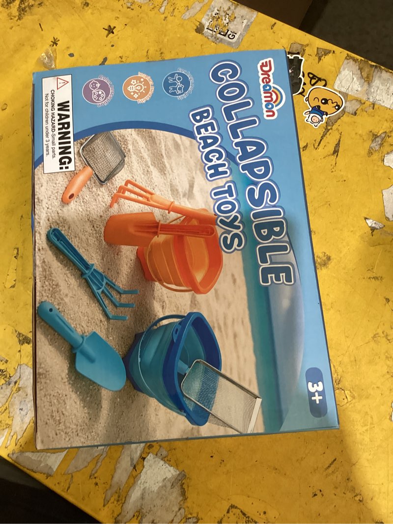 Condition photo showing As Is for dreamon beach toys, 2 packs travel sand toys for kids ages 4-8 | 10 pcs sandcastle building kit with collapsible bucket, mesh bag, sand sifter, shovel & rake, beach essentials for kids 2 buckets set