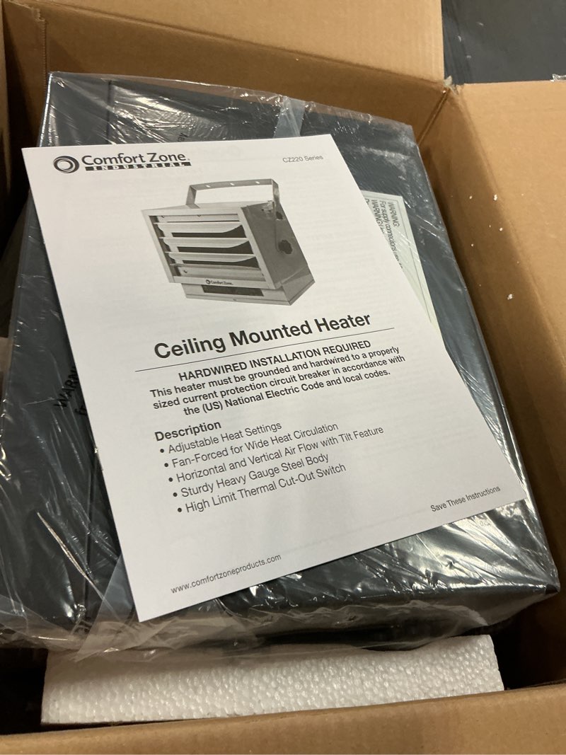 Condition photo showing As Is for Comfort Zone Hard-Wired Ceiling Mount Garage Electric Space Heater, Fan-Forced, 5,000 watt, 240 volt, Overheat Protection, Thermal Cut-Out Switch, Ideal for Workshop & Garage, ETL Compliant, CZ220BK 5,000-Watt Black