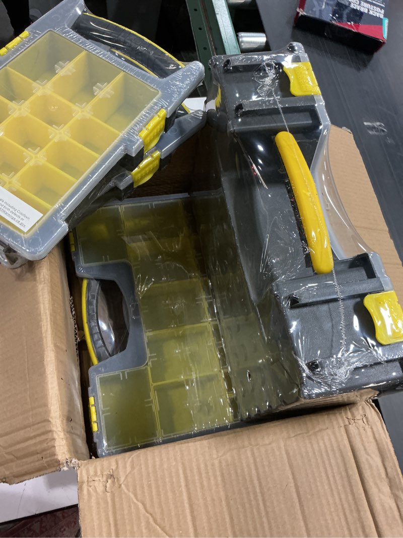 Condition photo showing New/Like New for Storage Organizer Tool Box Set - Set of 4 Plastic Clear Top Parts, Craft, and Hardware Organizers with 3 Sized Compartments by Stalwart (Yellow/Black)